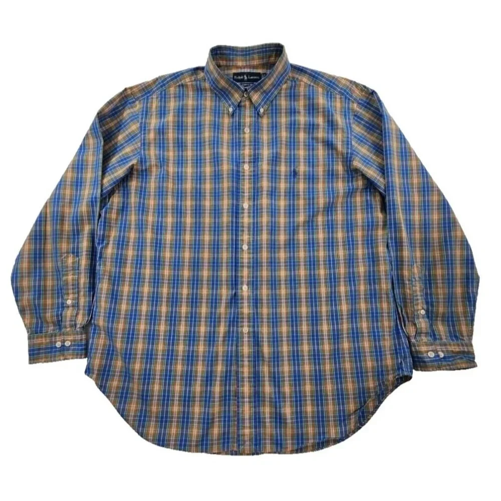 Ralph Lauren Classic Fit Shirt Men's 17 1/2 - 34/35 Blue Orange Plaid EUC Luxe‎